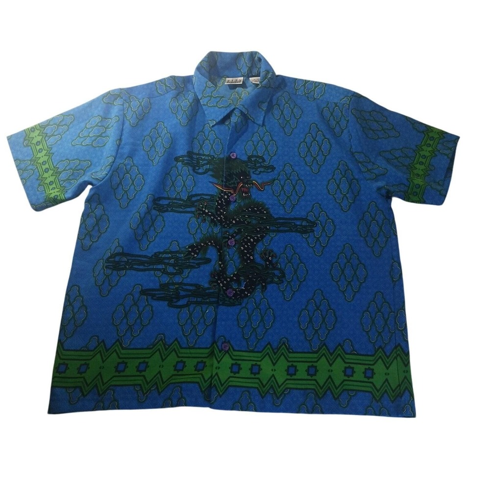 VTG City Streets Dragon Shirt‎ XL Tribal Print Macau Y2K Camp Button Up Retro